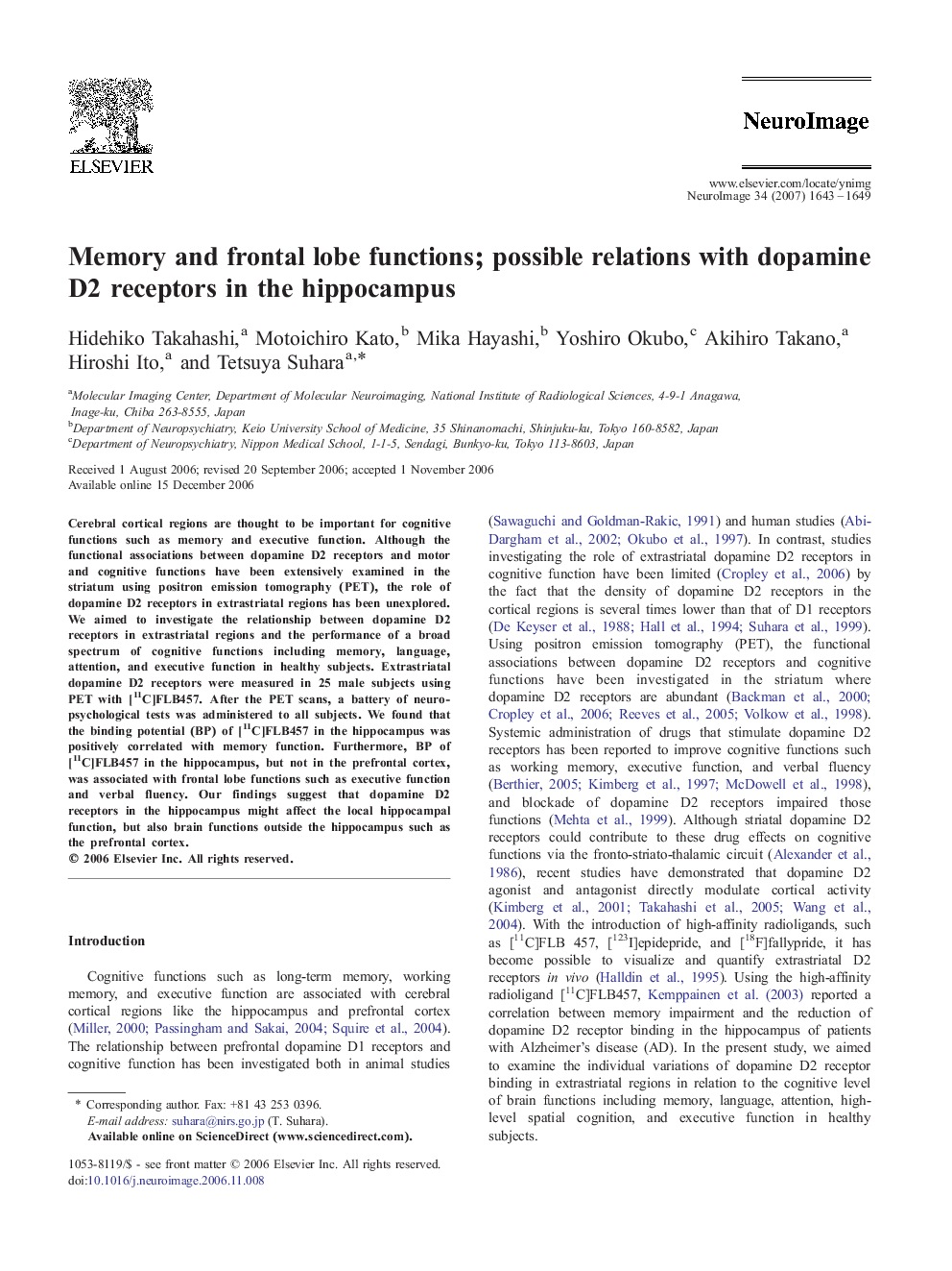 عکس صفحه اول مقاله: Memory and frontal lobe functions; possible relations with dopamine D2 receptors in the hippocampus Memory and frontal lobe functions; possible relations with dopamine D2 receptors in the hippocampus