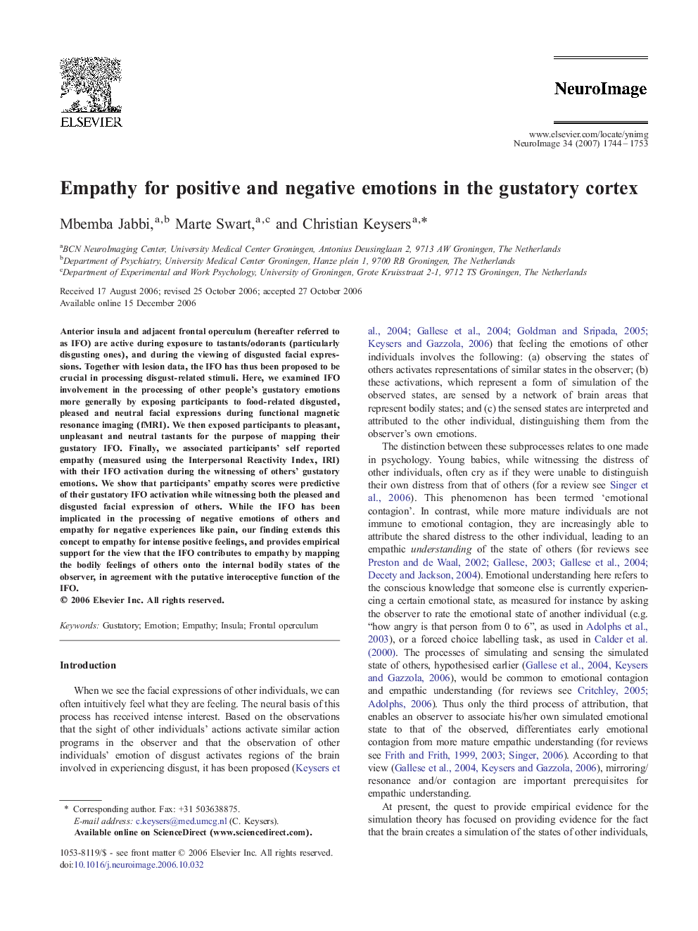 Empathy for positive and negative emotions in the gustatory cortex