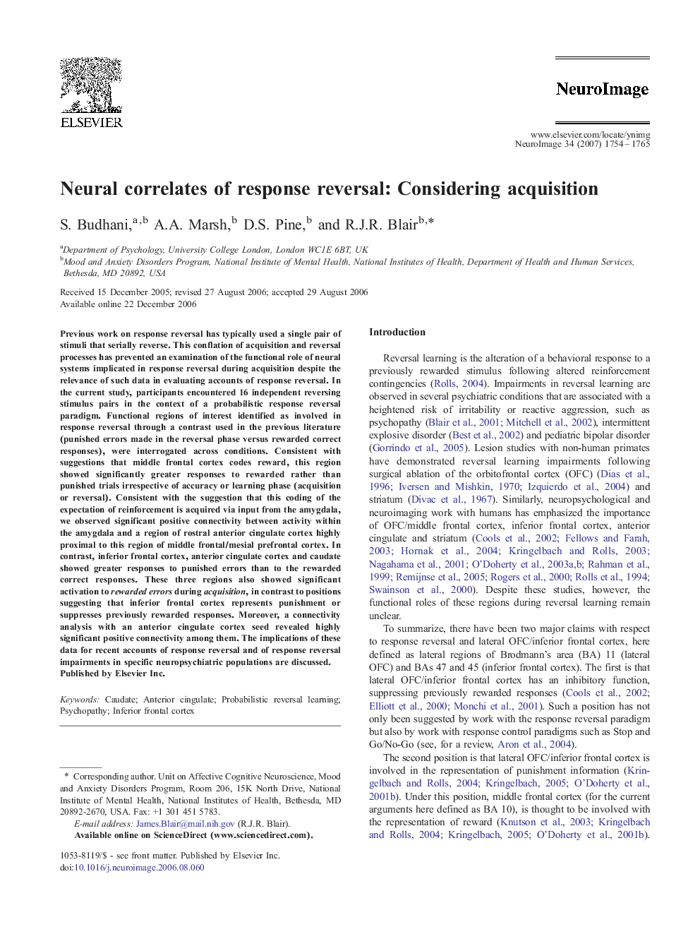 Neural correlates of response reversal: Considering acquisition