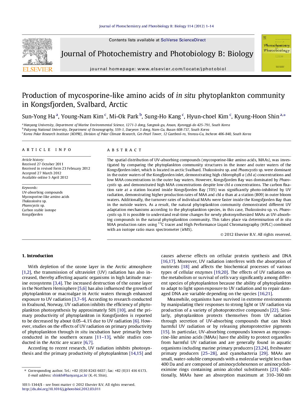 Production of mycosporine-like amino acids of in situ phytoplankton community in Kongsfjorden, Svalbard, Arctic