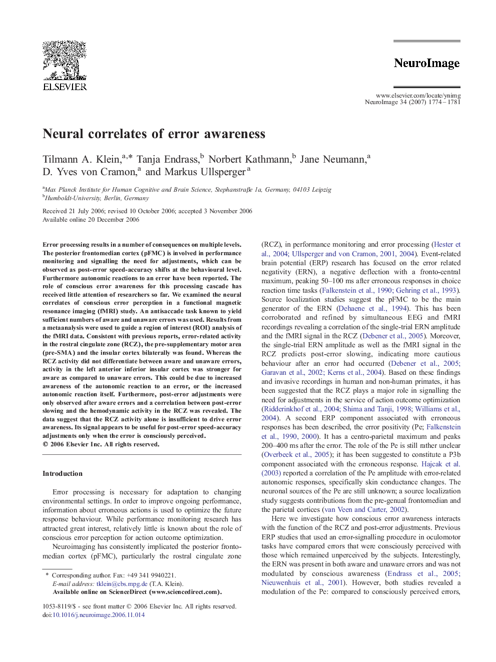 عکس صفحه اول مقاله: Neural correlates of error awareness Neural correlates of error awareness