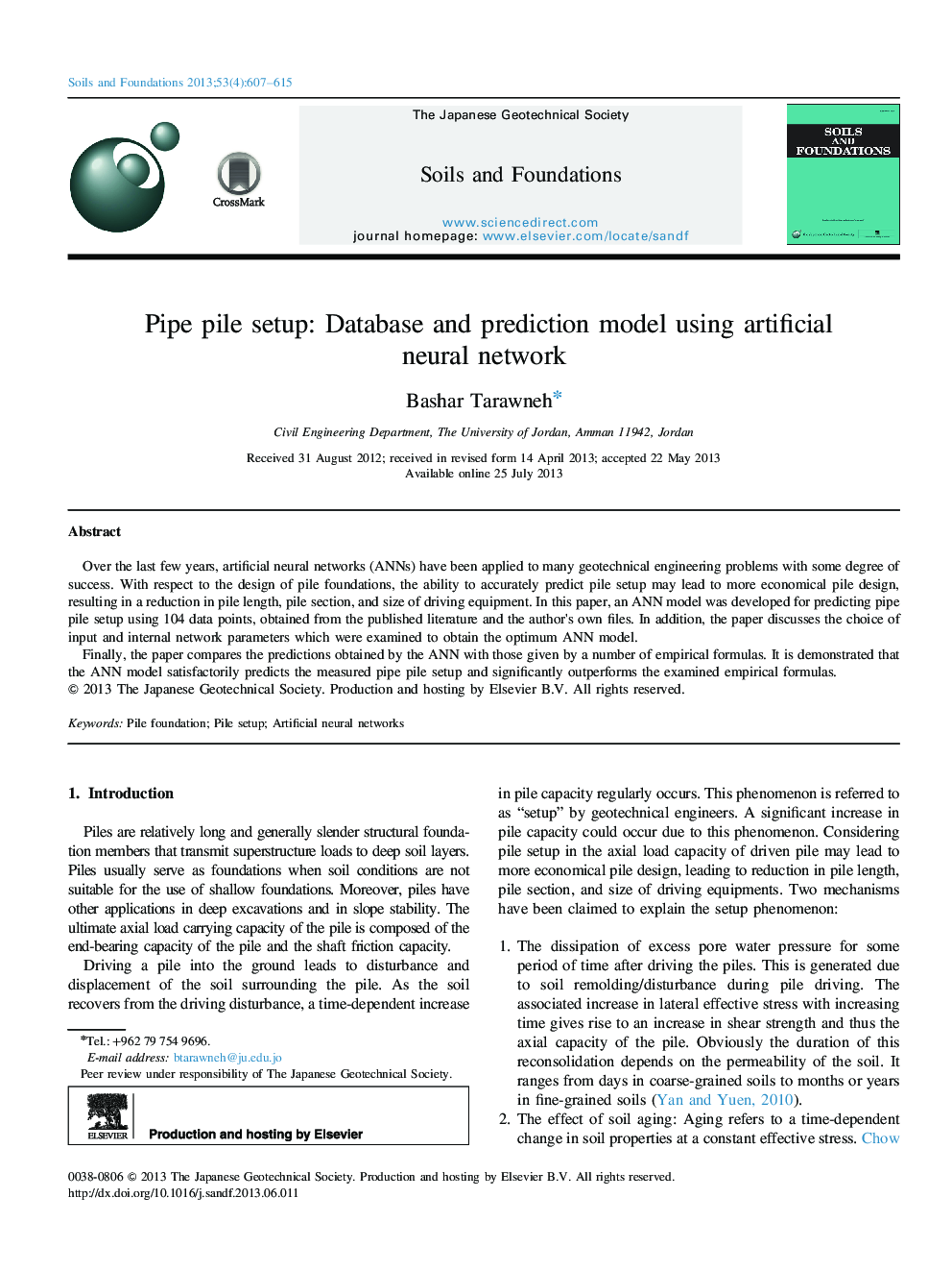 Pipe pile setup: Database and prediction model using artificial neural network 