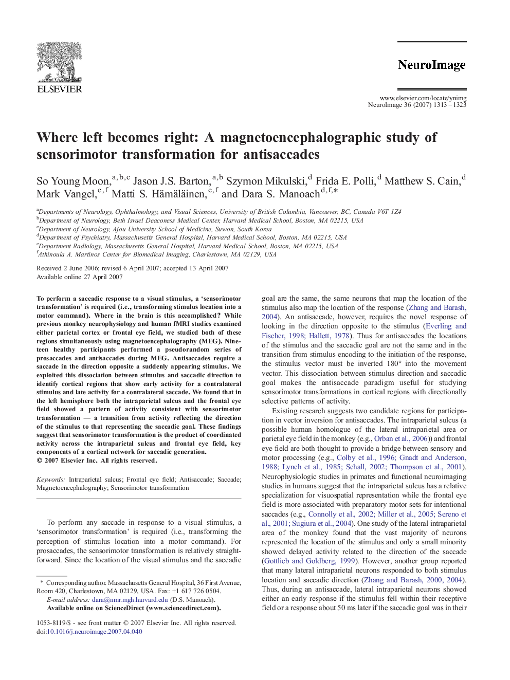 Where left becomes right: A magnetoencephalographic study of sensorimotor transformation for antisaccades