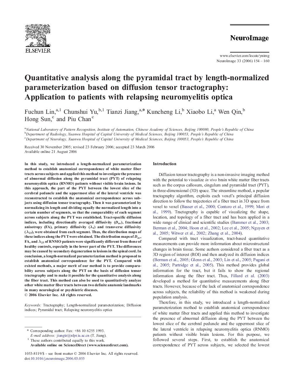 Quantitative analysis along the pyramidal tract by length-normalized parameterization based on diffusion tensor tractography: Application to patients with relapsing neuromyelitis optica