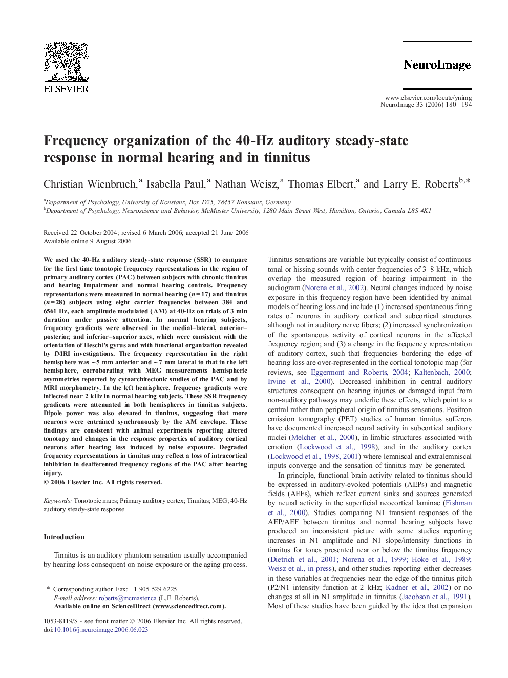 Frequency organization of the 40-Hz auditory steady-state response in normal hearing and in tinnitus