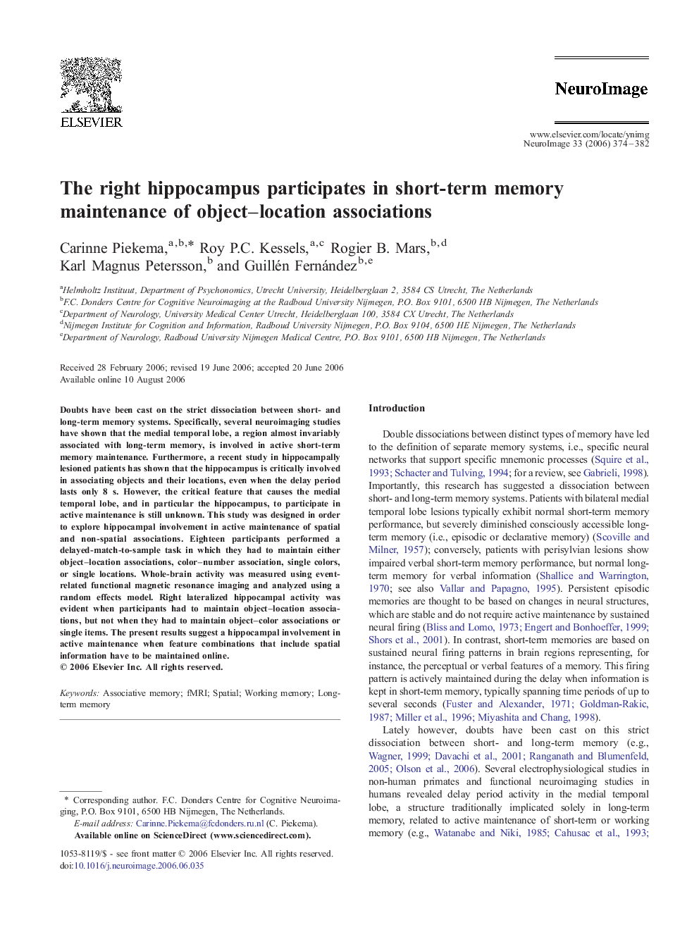 The right hippocampus participates in short-term memory maintenance of object–location associations