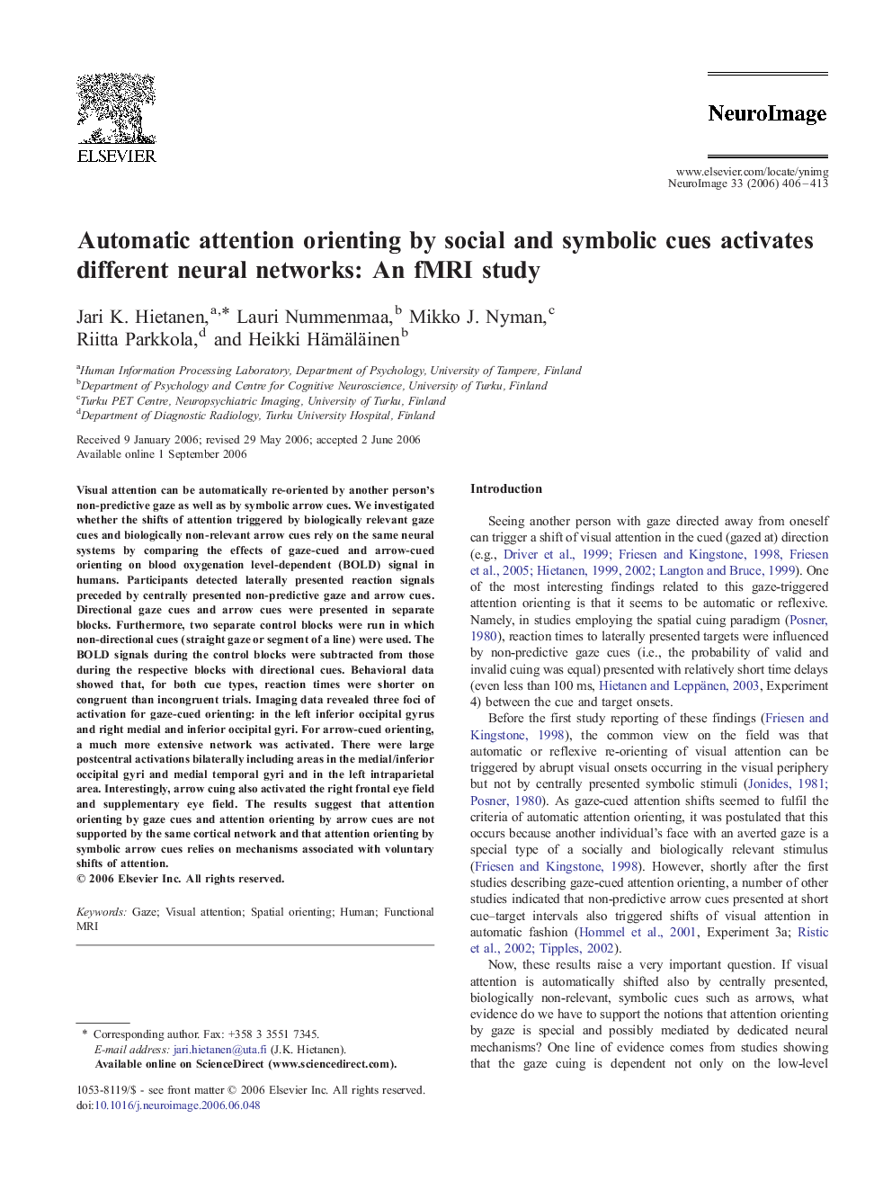 Automatic attention orienting by social and symbolic cues activates different neural networks: An fMRI study