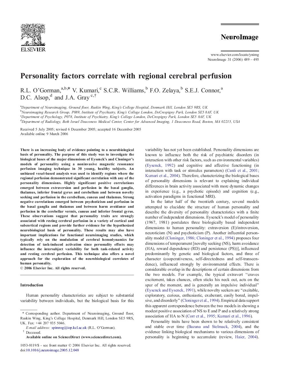 Personality factors correlate with regional cerebral perfusion