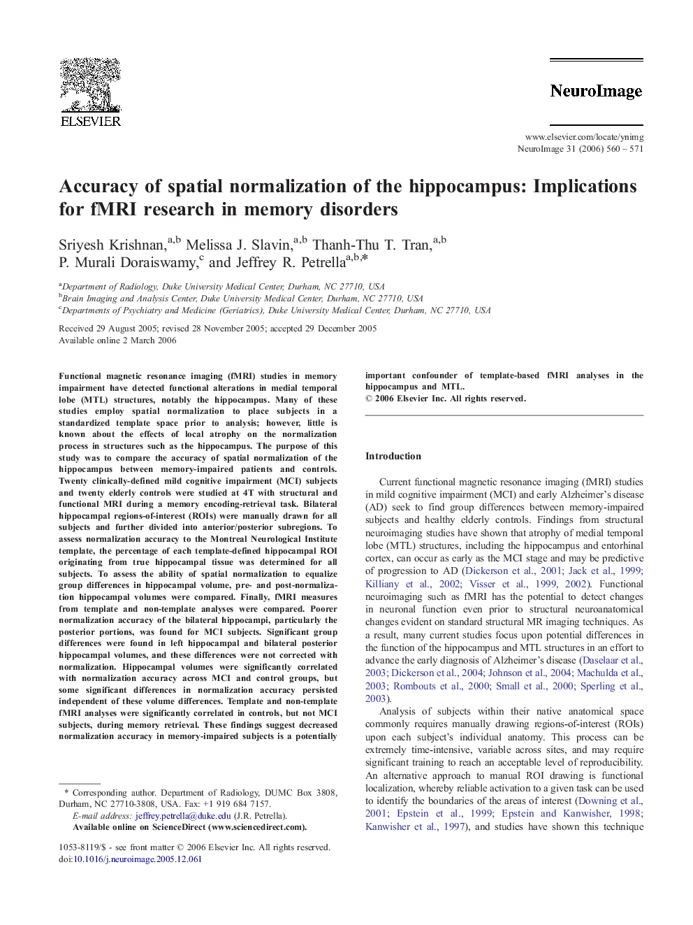 Accuracy of spatial normalization of the hippocampus: Implications for fMRI research in memory disorders