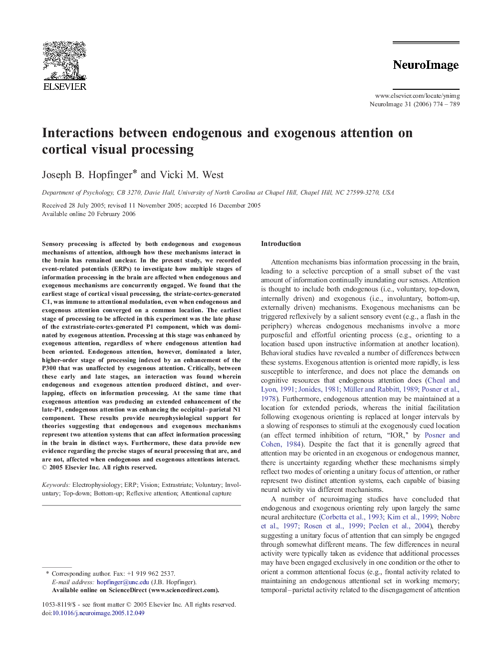 Interactions between endogenous and exogenous attention on cortical visual processing