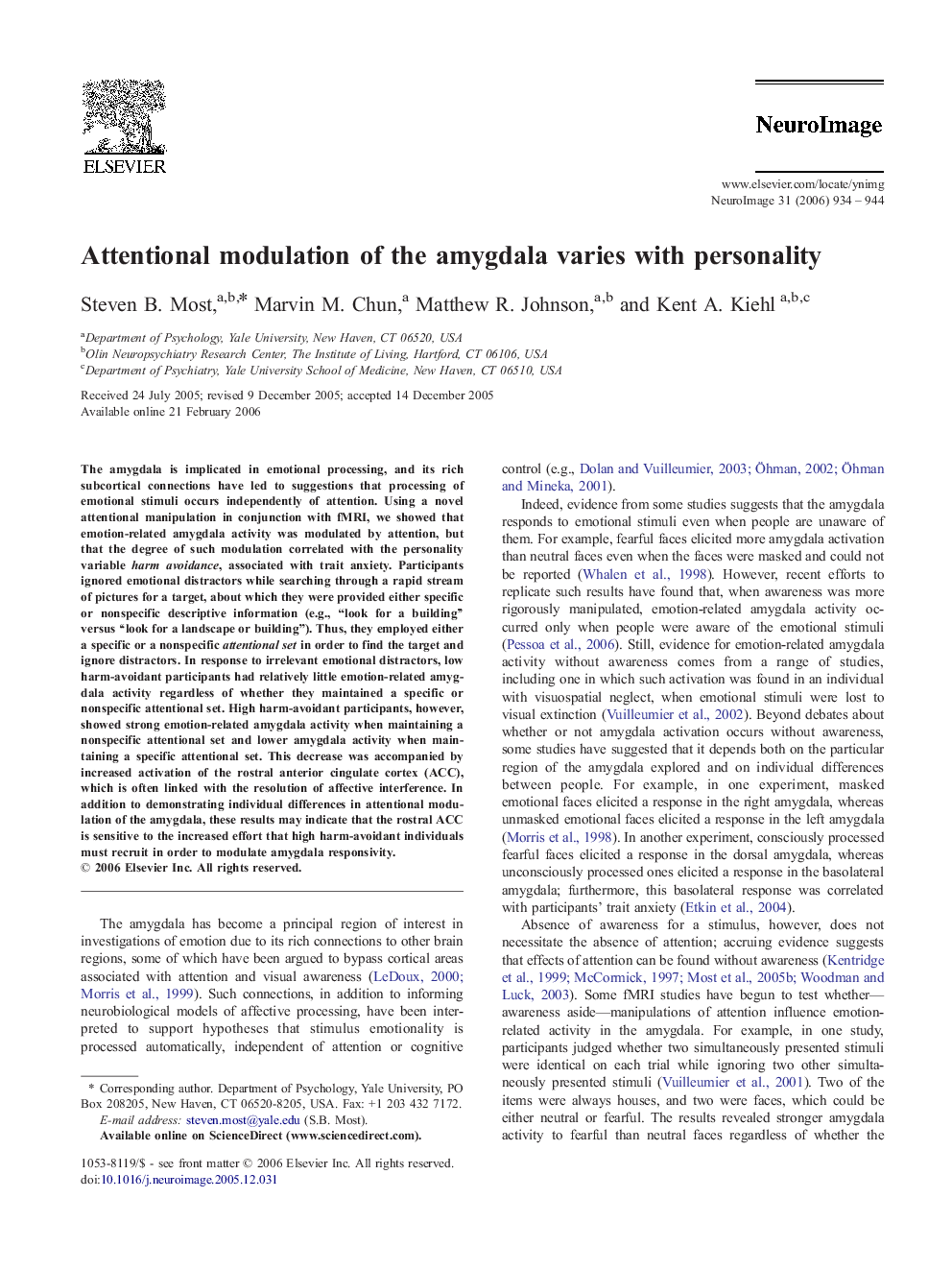 Attentional modulation of the amygdala varies with personality