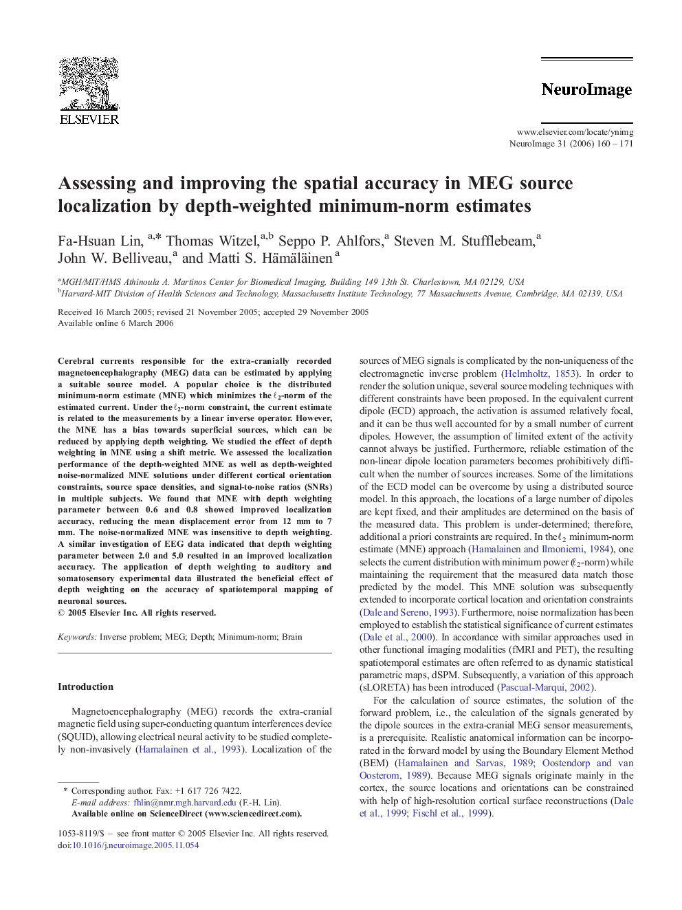 Assessing and improving the spatial accuracy in MEG source localization by depth-weighted minimum-norm estimates