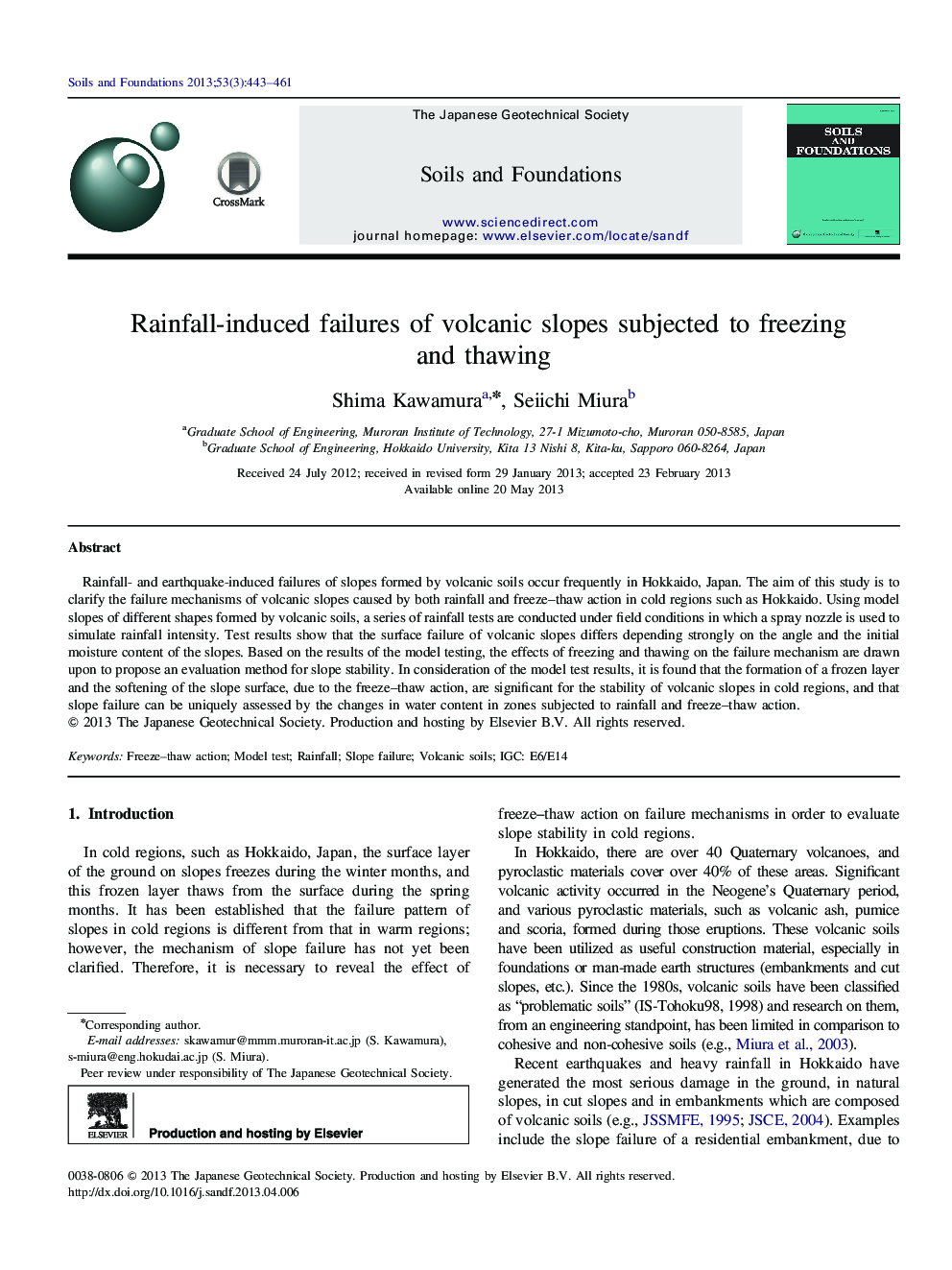 Rainfall-induced failures of volcanic slopes subjected to freezing and thawing 