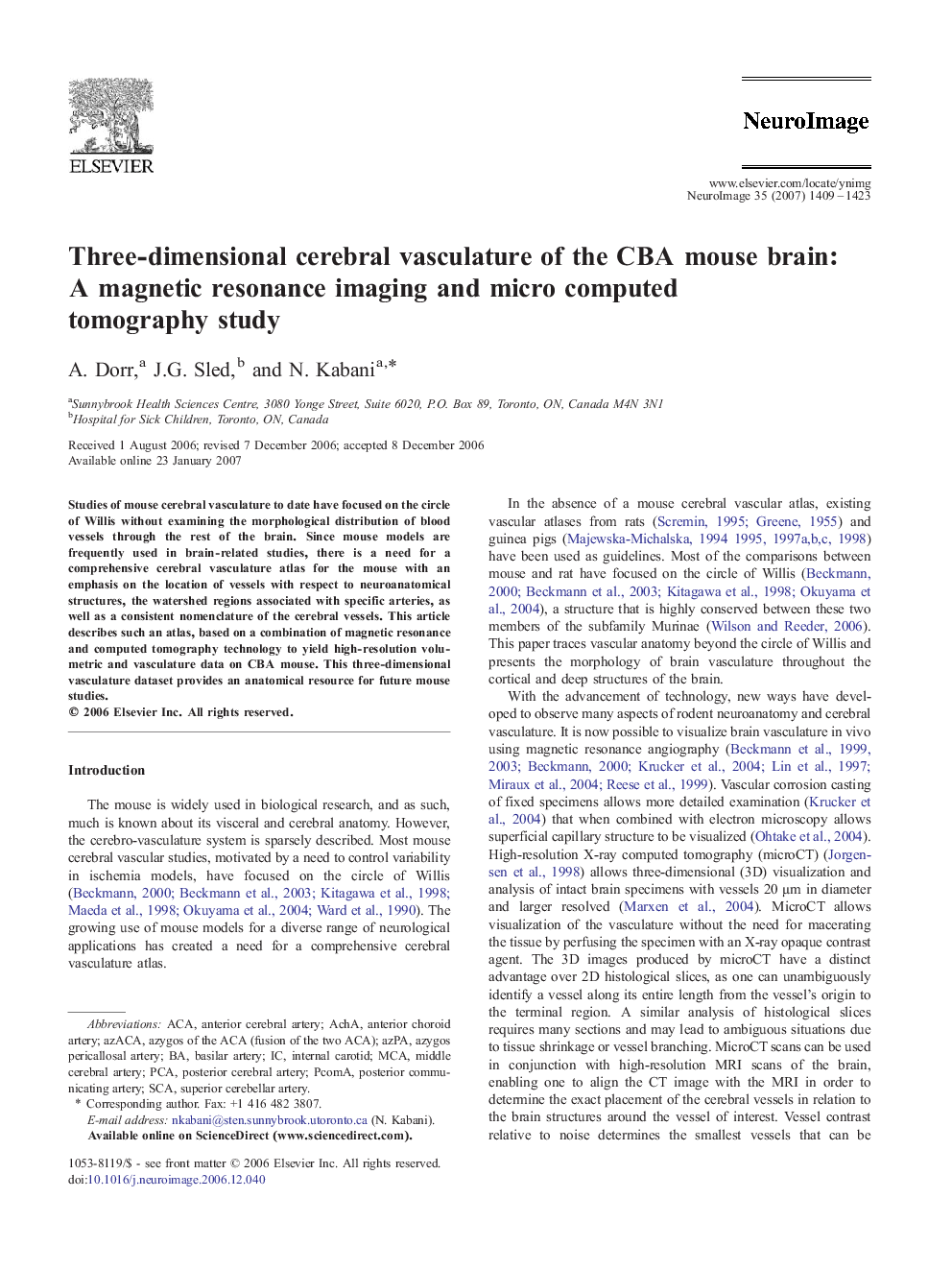 Three-dimensional cerebral vasculature of the CBA mouse brain: A magnetic resonance imaging and micro computed tomography study