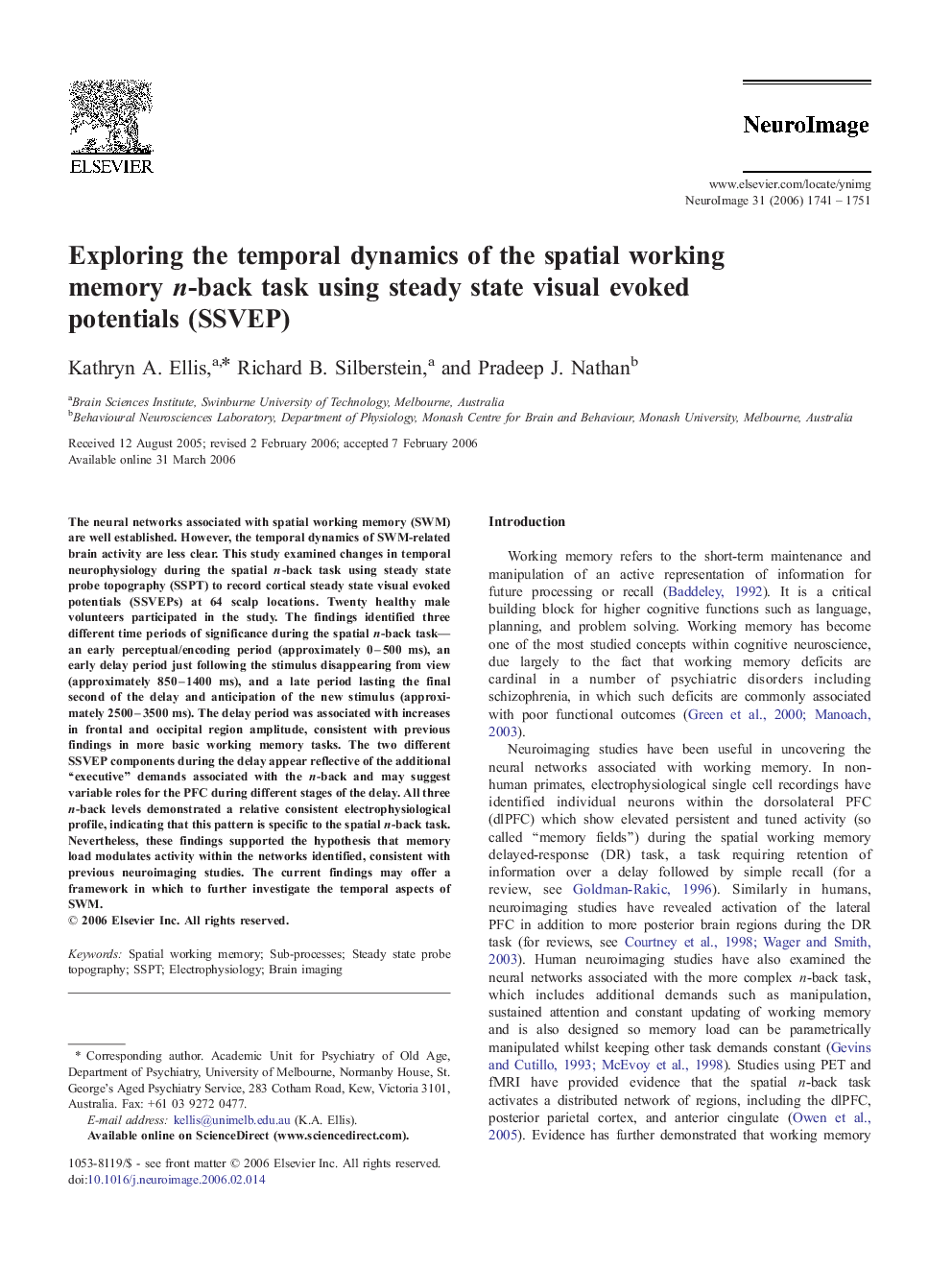 Exploring the temporal dynamics of the spatial working memory n-back task using steady state visual evoked potentials (SSVEP)