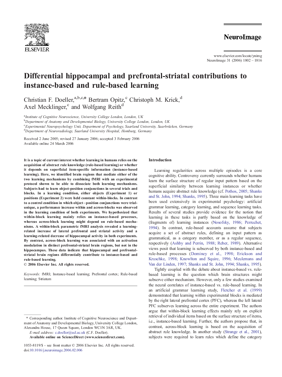 Differential hippocampal and prefrontal-striatal contributions to instance-based and rule-based learning