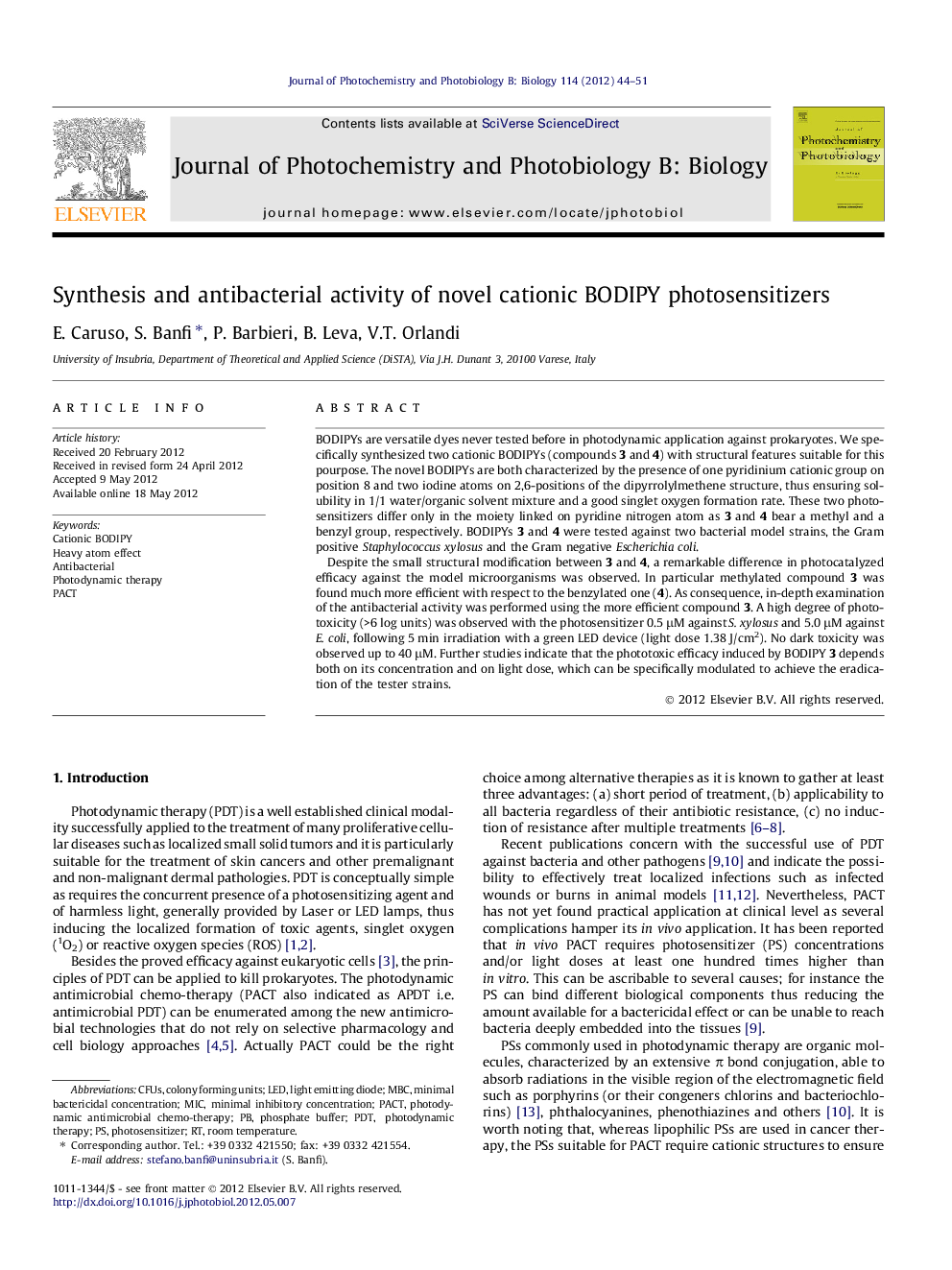 Synthesis and antibacterial activity of novel cationic BODIPY photosensitizers