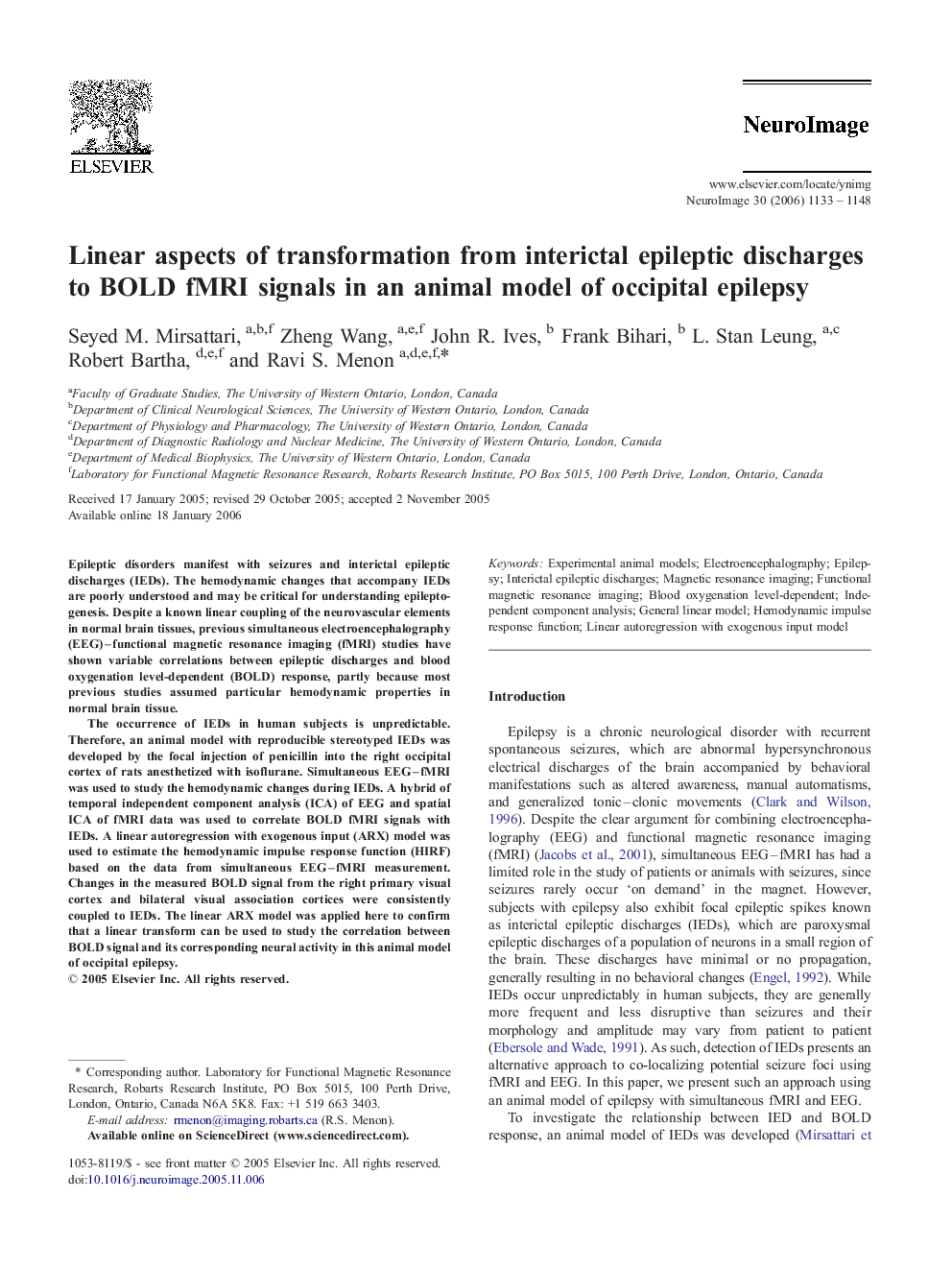 Linear aspects of transformation from interictal epileptic discharges to BOLD fMRI signals in an animal model of occipital epilepsy