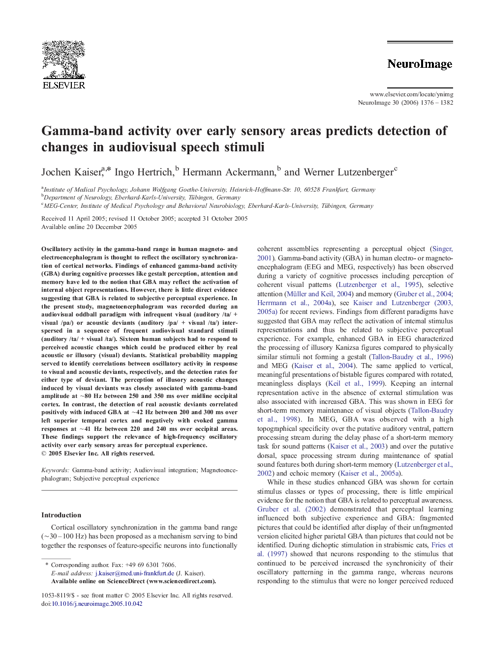 Gamma-band activity over early sensory areas predicts detection of changes in audiovisual speech stimuli