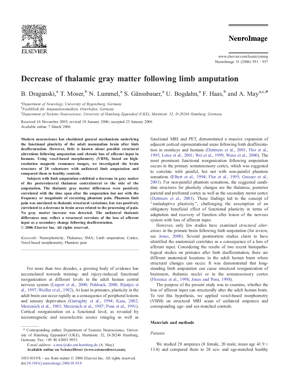 Decrease of thalamic gray matter following limb amputation