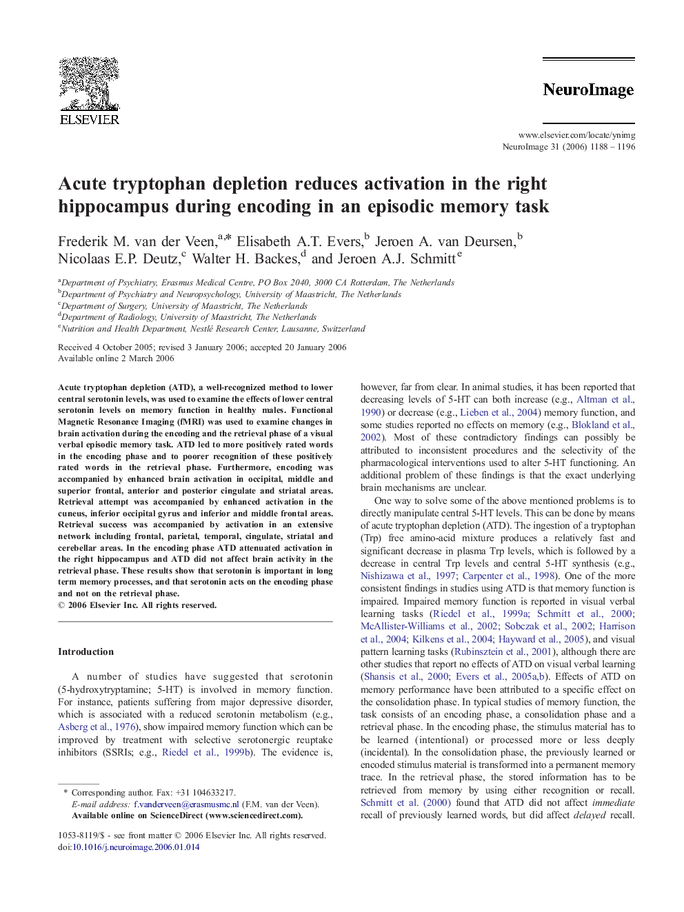 Acute tryptophan depletion reduces activation in the right hippocampus during encoding in an episodic memory task