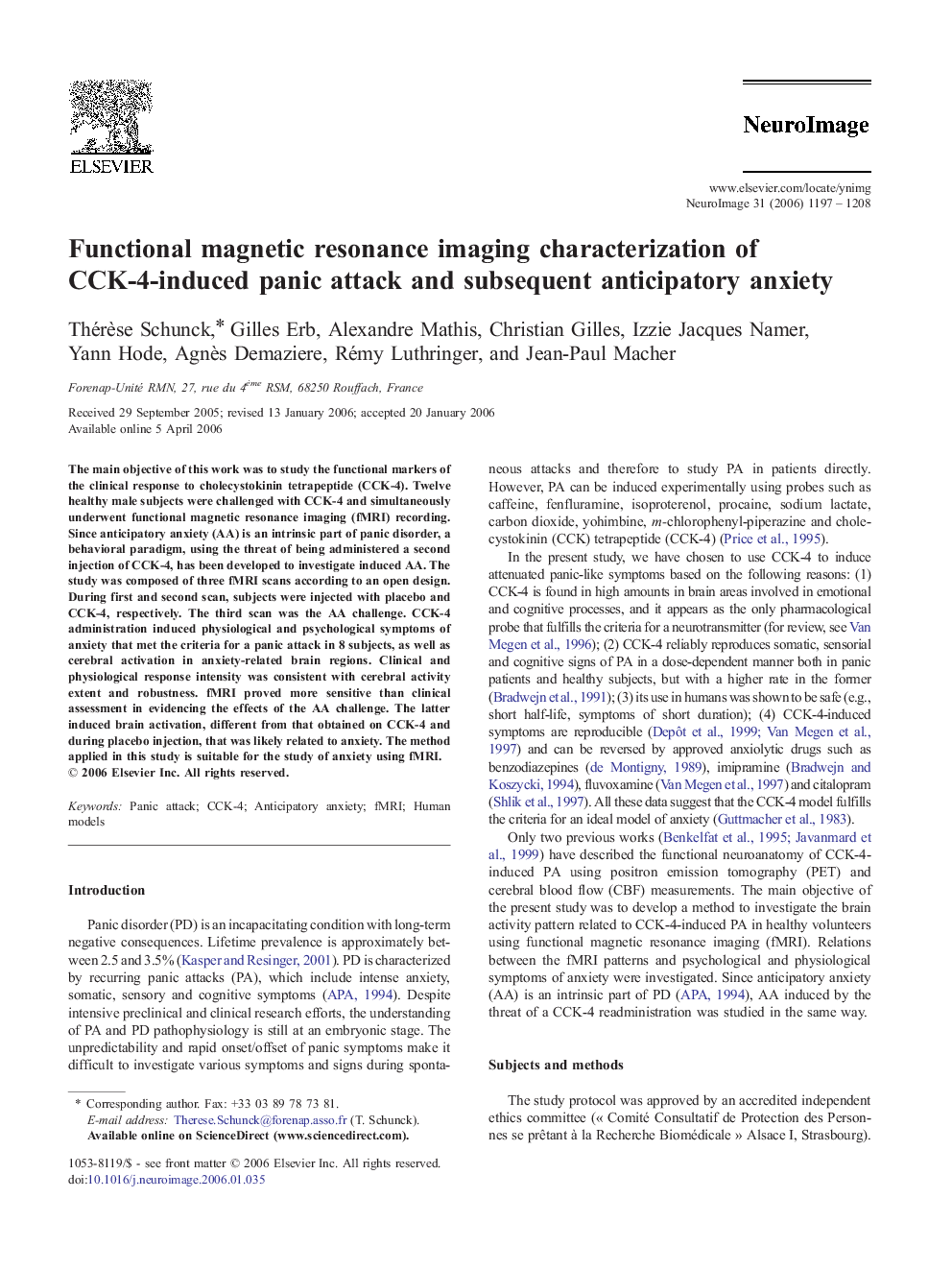 Functional magnetic resonance imaging characterization of CCK-4-induced panic attack and subsequent anticipatory anxiety