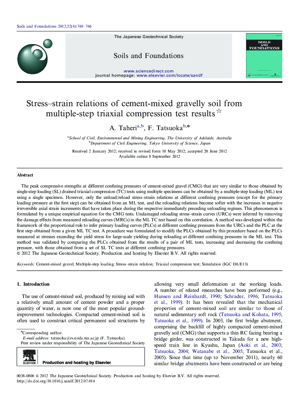 Stress–strain relations of cement-mixed gravelly soil from multiple-step triaxial compression test results 