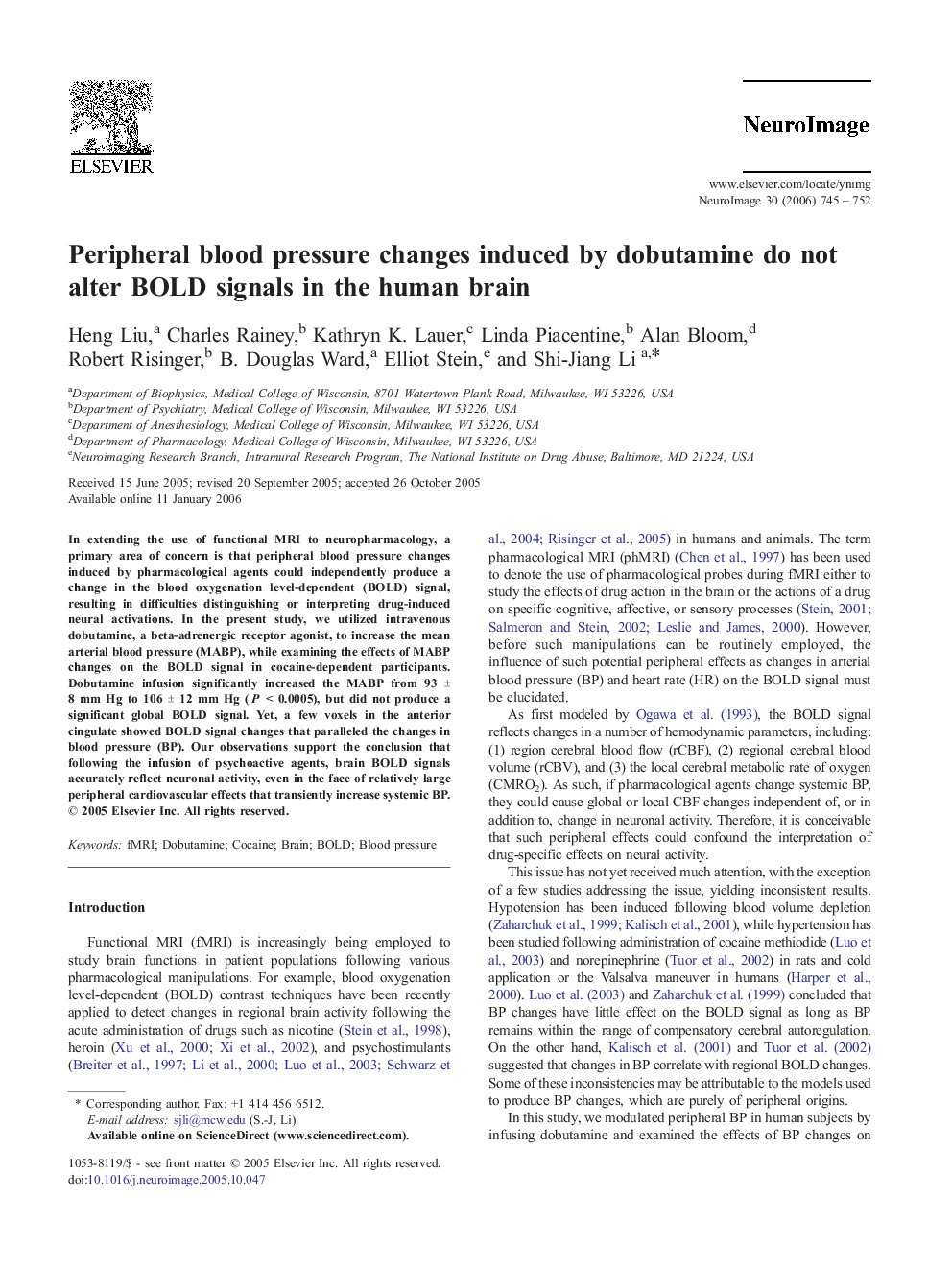 Peripheral blood pressure changes induced by dobutamine do not alter BOLD signals in the human brain