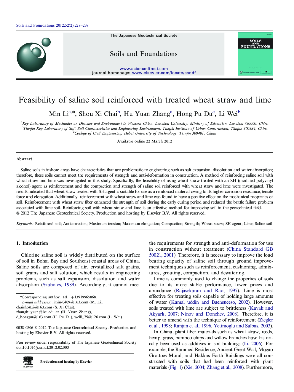 Feasibility of saline soil reinforced with treated wheat straw and lime