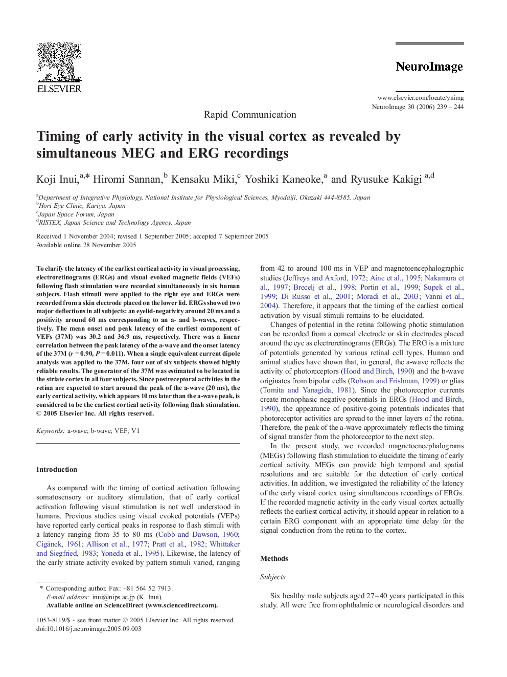 Timing of early activity in the visual cortex as revealed by simultaneous MEG and ERG recordings