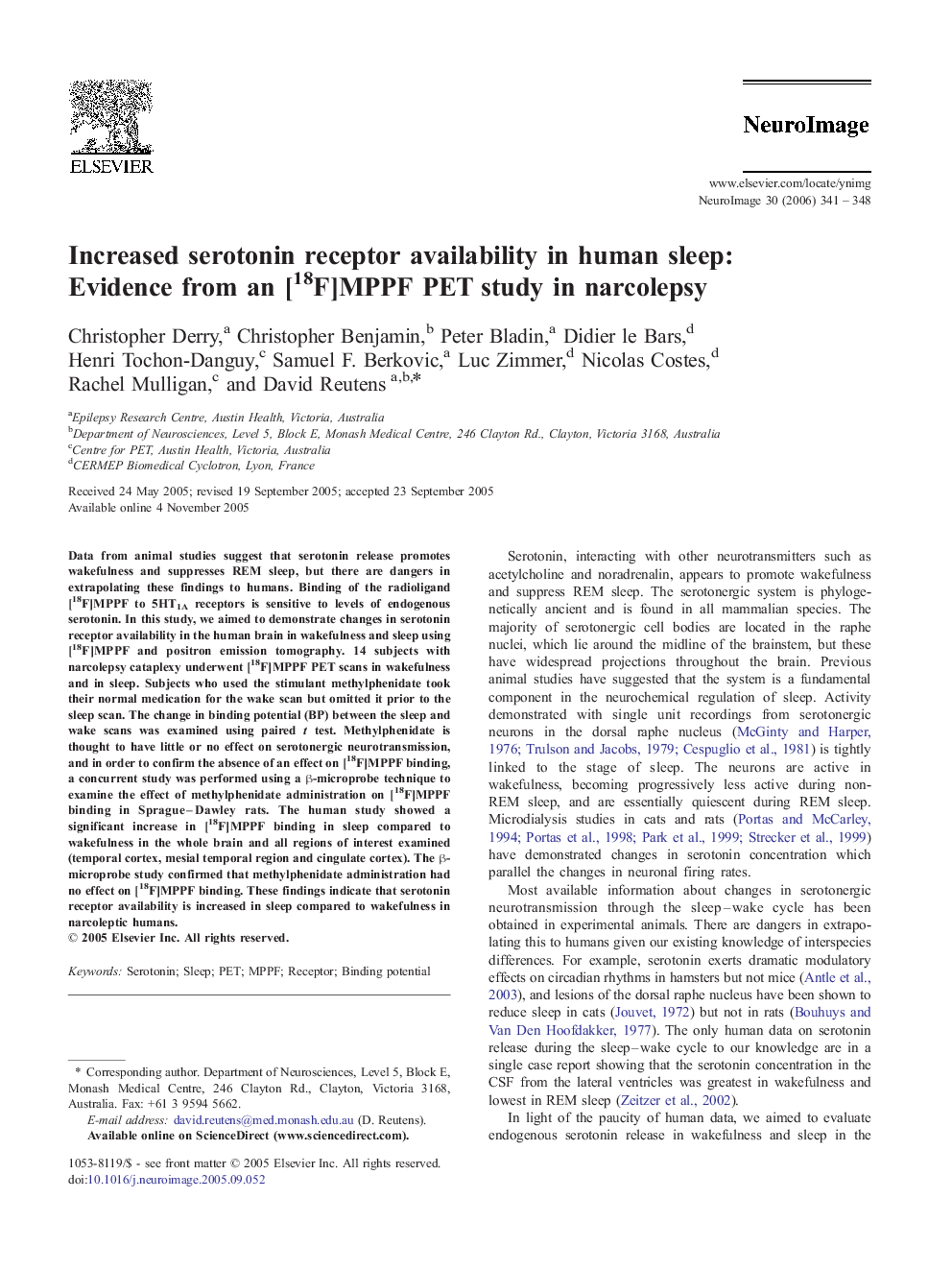 Increased serotonin receptor availability in human sleep: Evidence from an [18F]MPPF PET study in narcolepsy