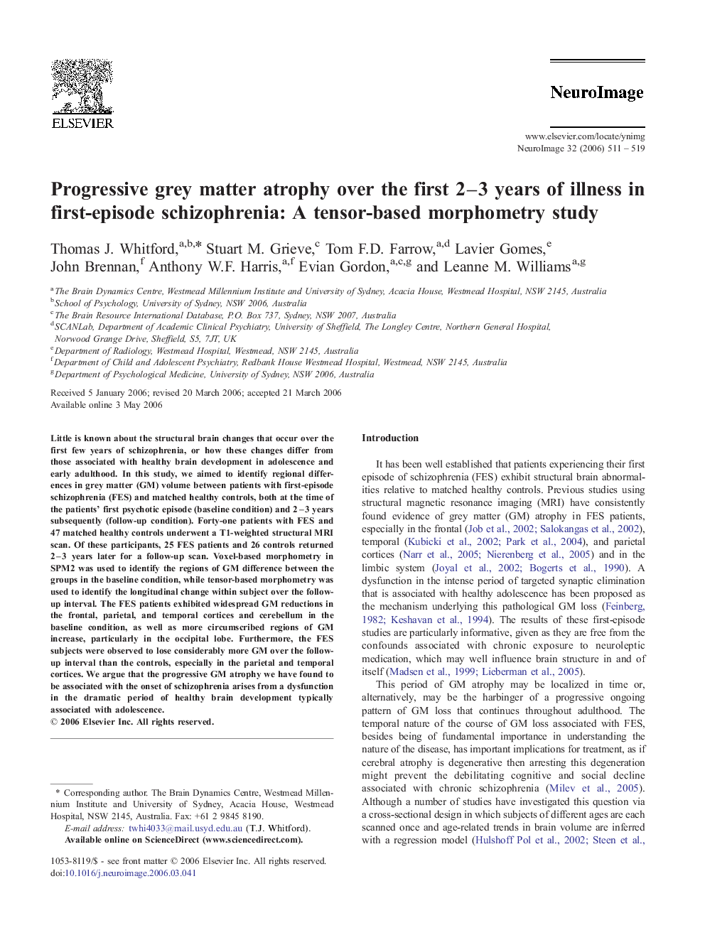 Progressive grey matter atrophy over the first 2–3 years of illness in first-episode schizophrenia: A tensor-based morphometry study