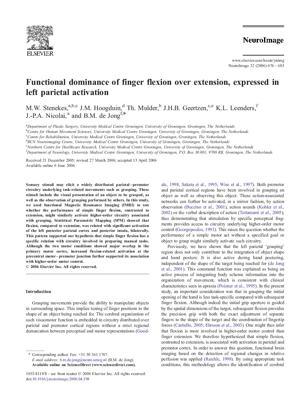 Functional dominance of finger flexion over extension, expressed in left parietal activation