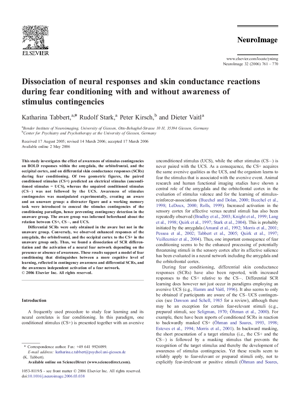 Dissociation of neural responses and skin conductance reactions during fear conditioning with and without awareness of stimulus contingencies