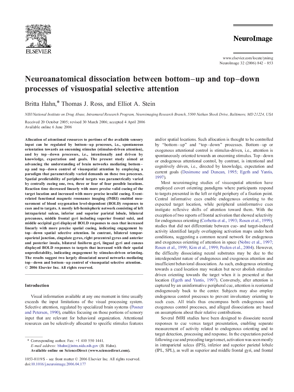 Neuroanatomical dissociation between bottom–up and top–down processes of visuospatial selective attention