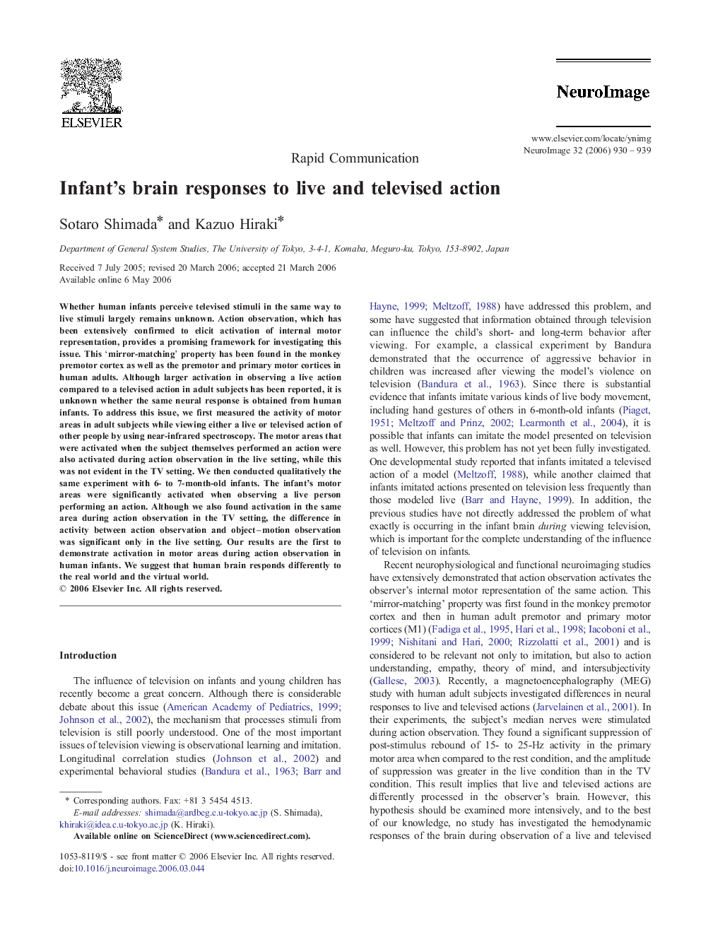 Infant's brain responses to live and televised action