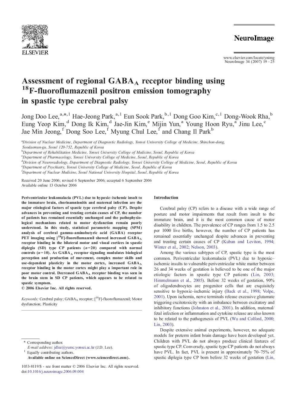 Assessment of regional GABAA receptor binding using 18F-fluoroflumazenil positron emission tomography in spastic type cerebral palsy