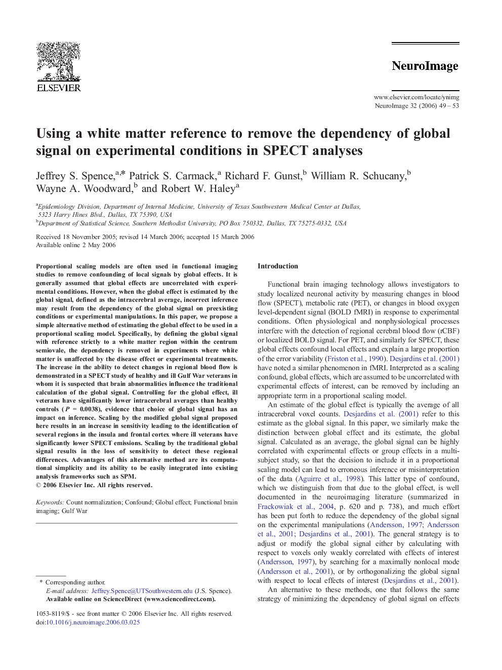 Using a white matter reference to remove the dependency of global signal on experimental conditions in SPECT analyses