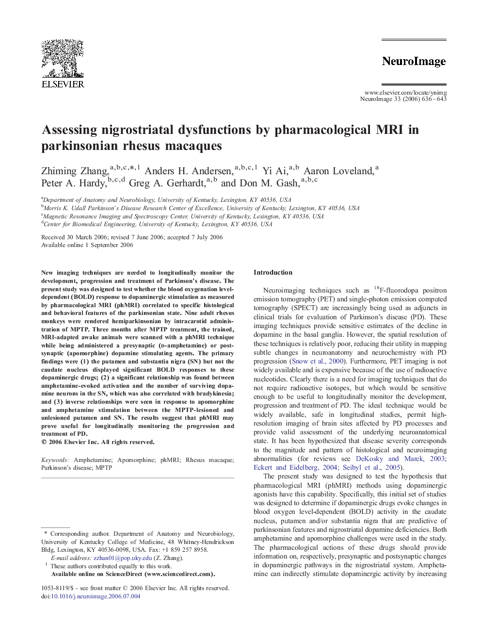 Assessing nigrostriatal dysfunctions by pharmacological MRI in parkinsonian rhesus macaques