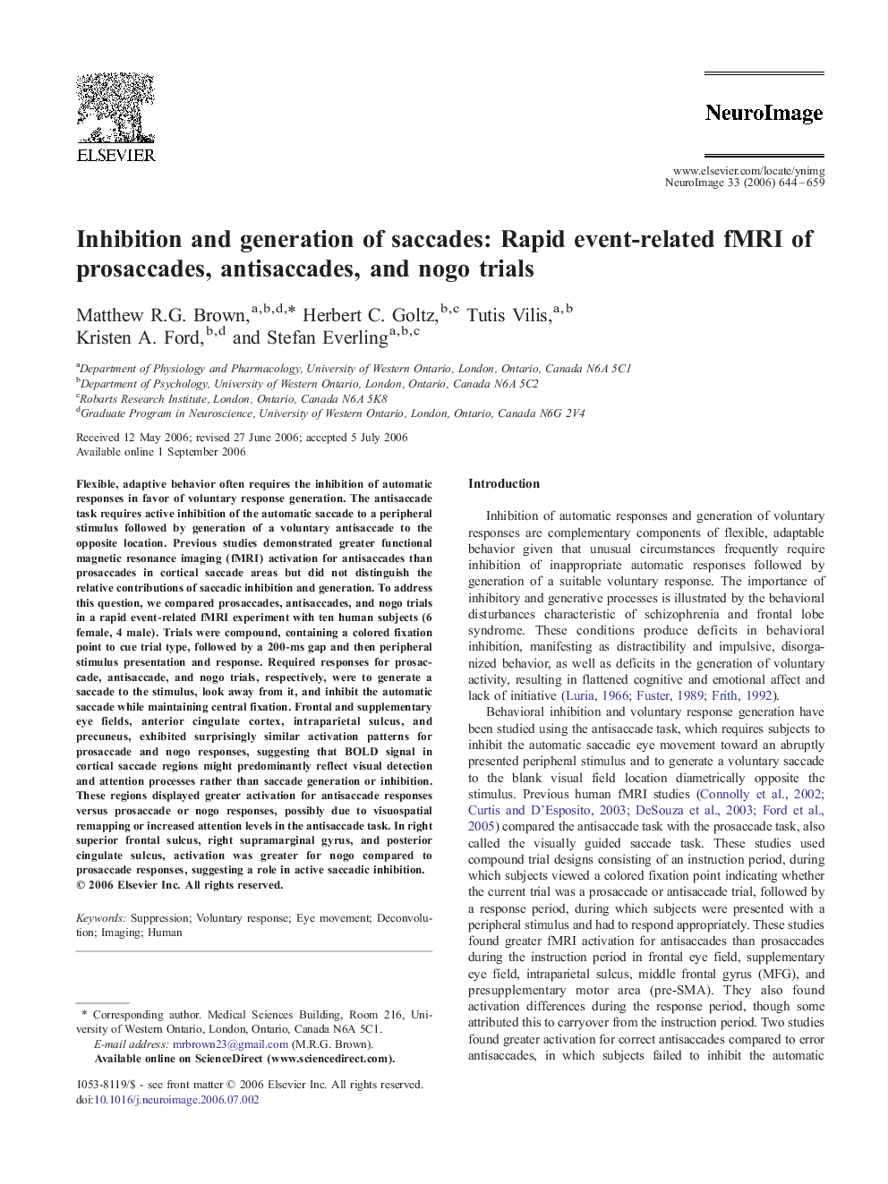 عکس صفحه اول مقاله: Inhibition and generation of saccades: Rapid event-related fMRI of prosaccades, antisaccades, and nogo trials Inhibition and generation of saccades: Rapid event-related fMRI of prosaccades, antisaccades, and nogo trials