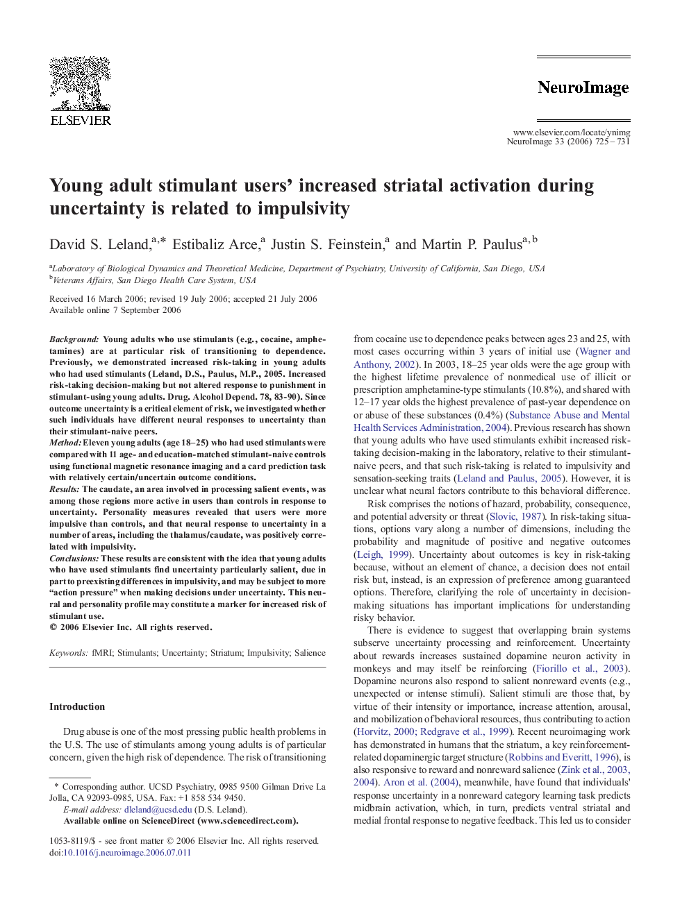 Young adult stimulant users' increased striatal activation during uncertainty is related to impulsivity