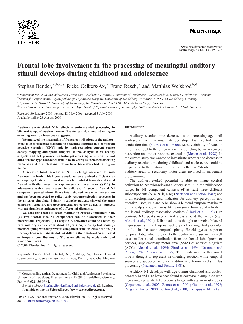 Frontal lobe involvement in the processing of meaningful auditory stimuli develops during childhood and adolescence