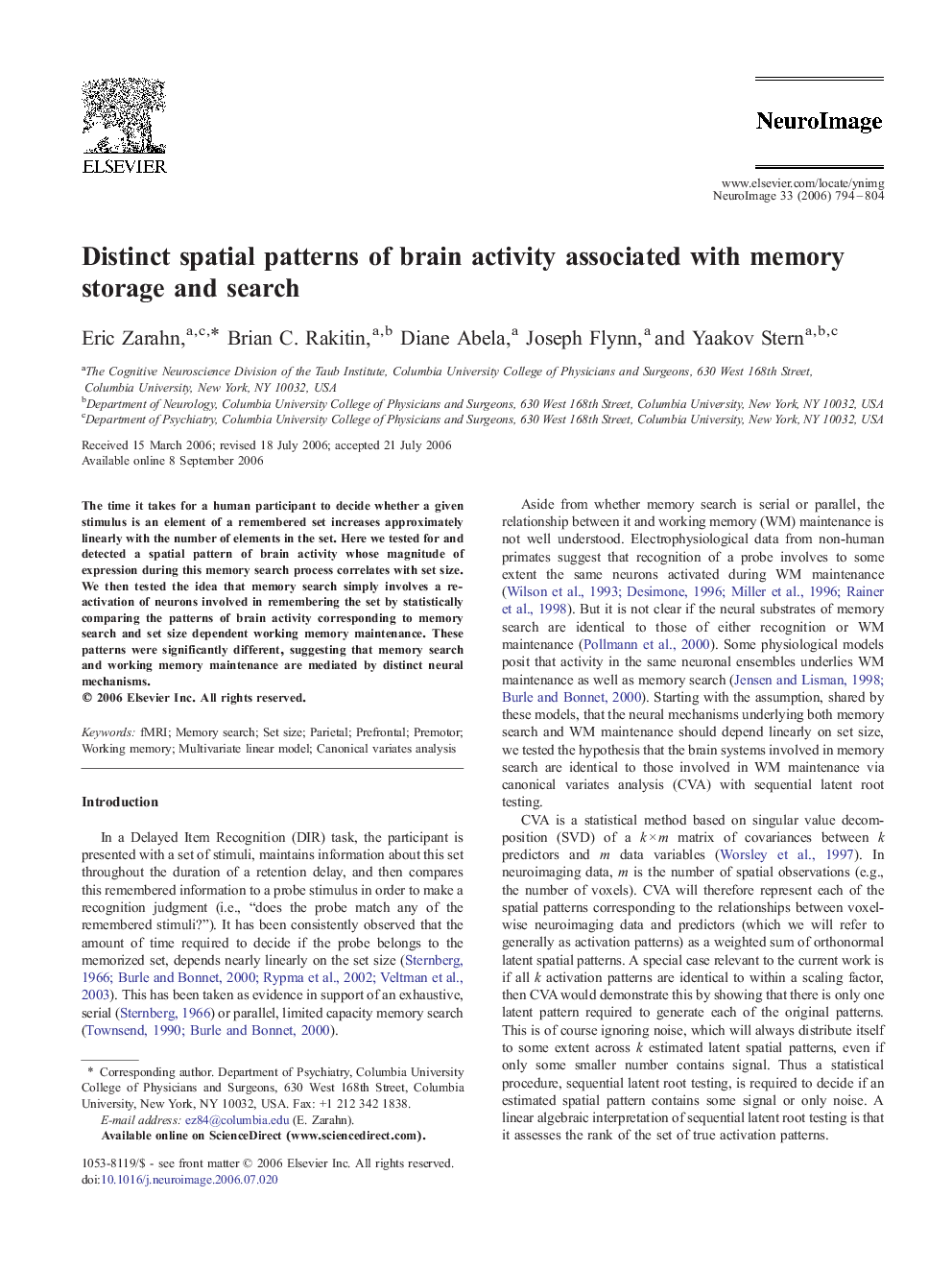 Distinct spatial patterns of brain activity associated with memory storage and search