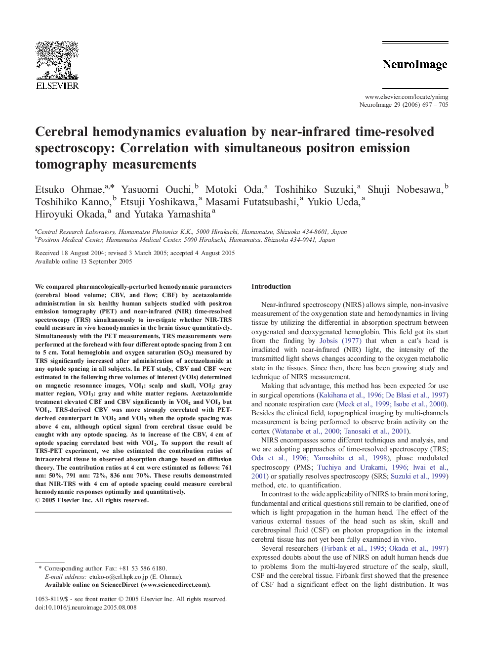 Cerebral hemodynamics evaluation by near-infrared time-resolved spectroscopy: Correlation with simultaneous positron emission tomography measurements