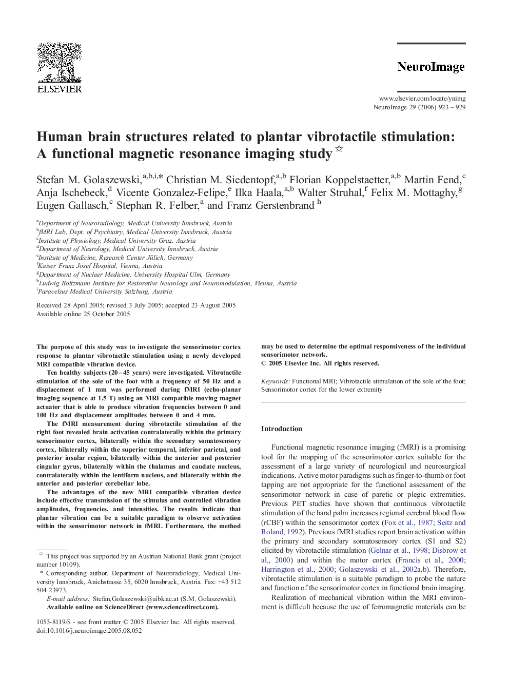 Human brain structures related to plantar vibrotactile stimulation: A functional magnetic resonance imaging study 