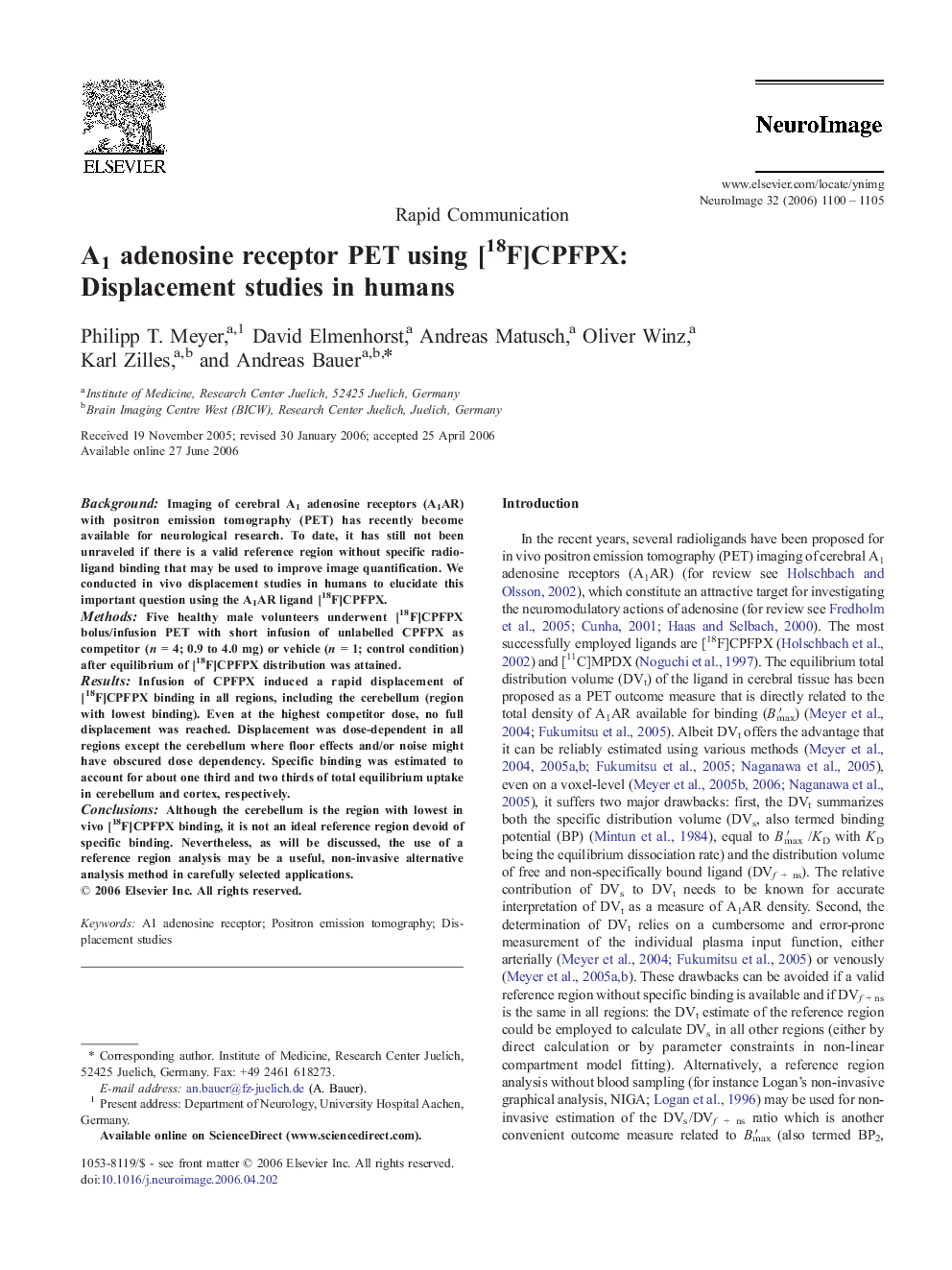 A1 adenosine receptor PET using [18F]CPFPX: Displacement studies in humans