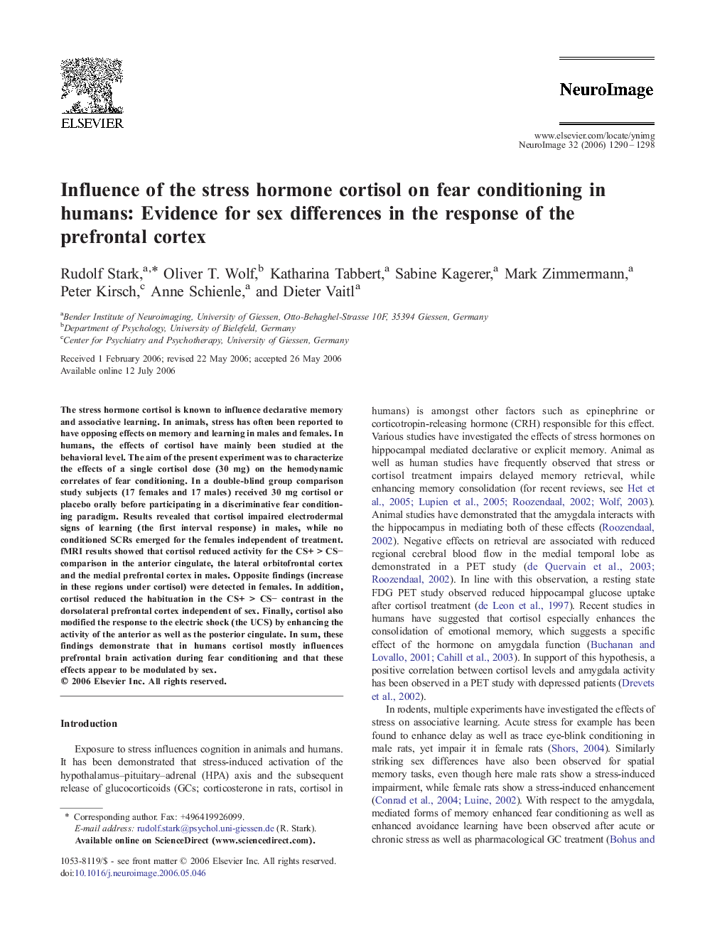 Influence of the stress hormone cortisol on fear conditioning in humans: Evidence for sex differences in the response of the prefrontal cortex