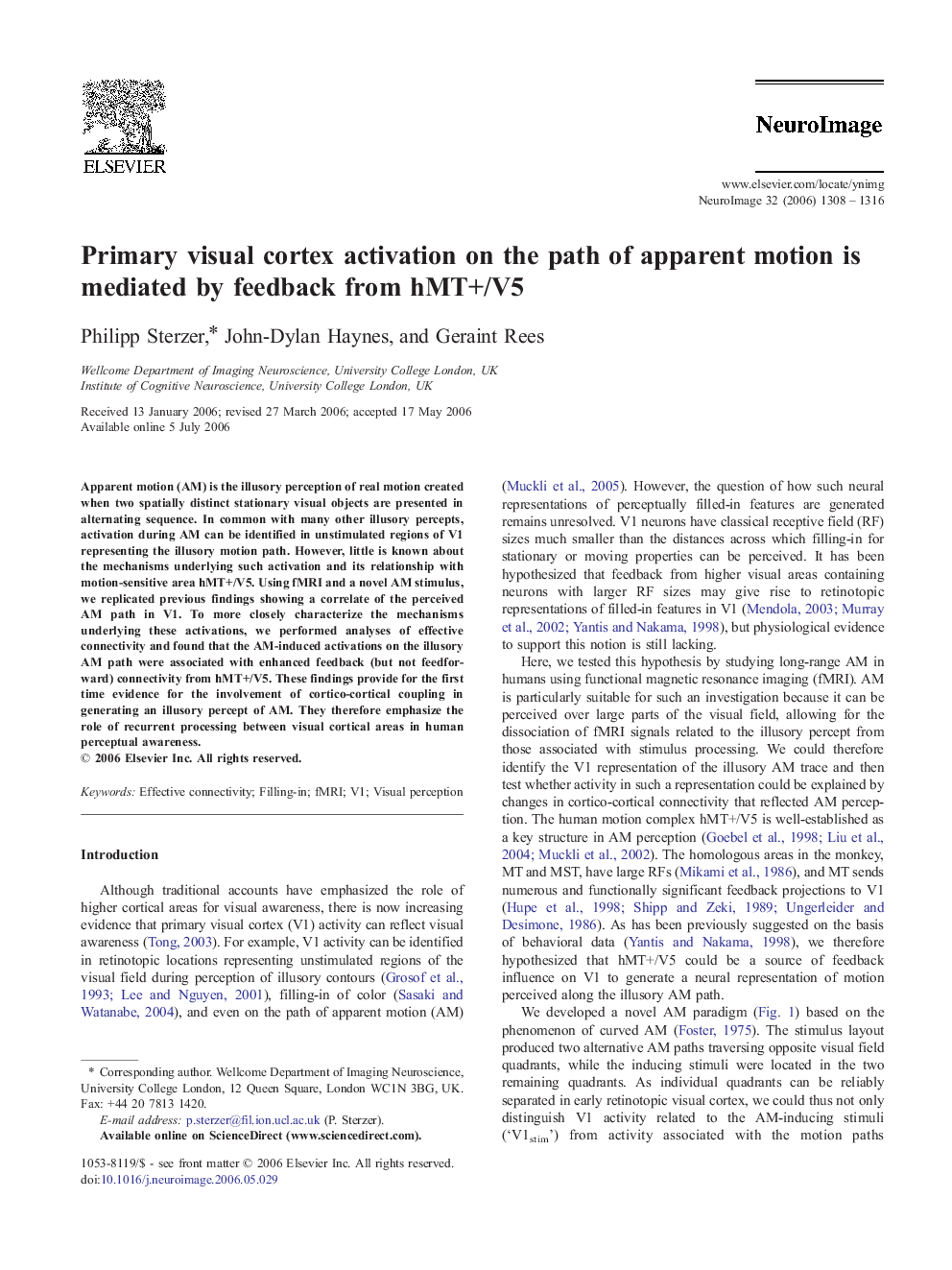 Primary visual cortex activation on the path of apparent motion is mediated by feedback from hMT+/V5