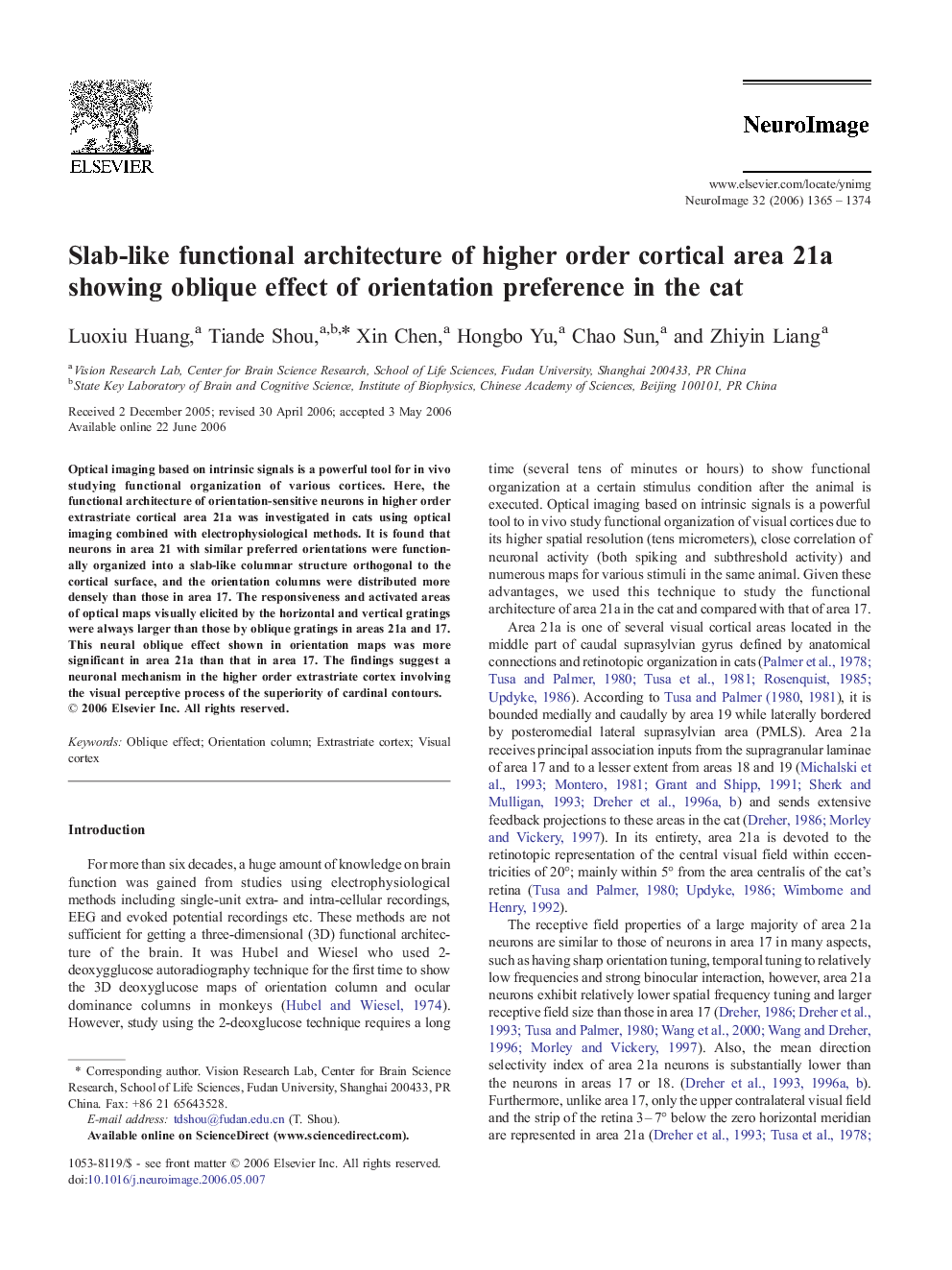 Slab-like functional architecture of higher order cortical area 21a showing oblique effect of orientation preference in the cat