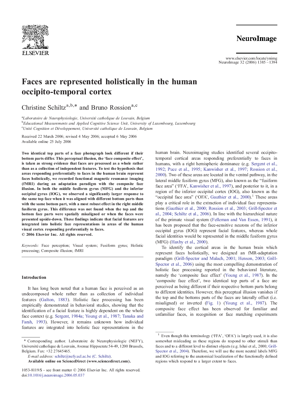 Faces are represented holistically in the human occipito-temporal cortex